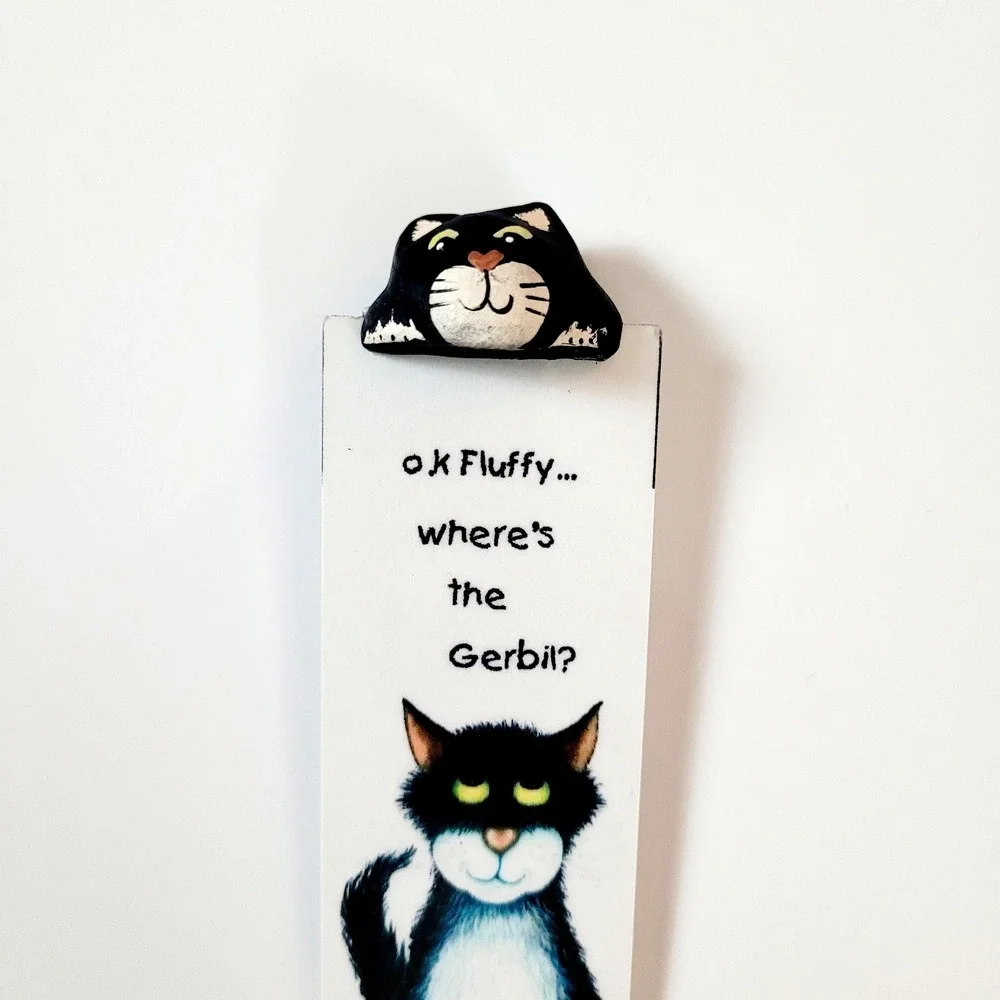 Vintage 90s Merryfield Pottery bookmark- black tuxedo cat- Mark Denman- Devon UK